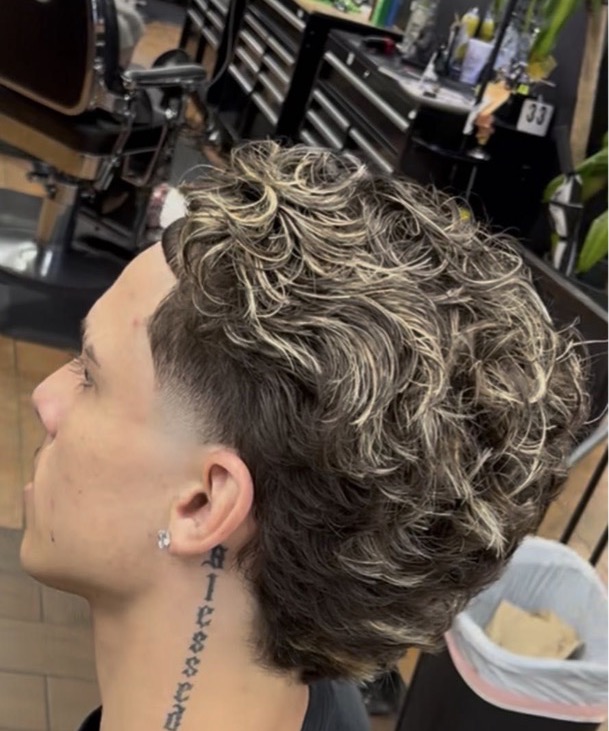 Long curly top shaped with shears over a low taper